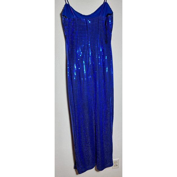 1990's LA Glow Blue Metallic Blingy Sequined Zipper Dress Gown Juniors 9/10 Prom - Picture 6 of 13